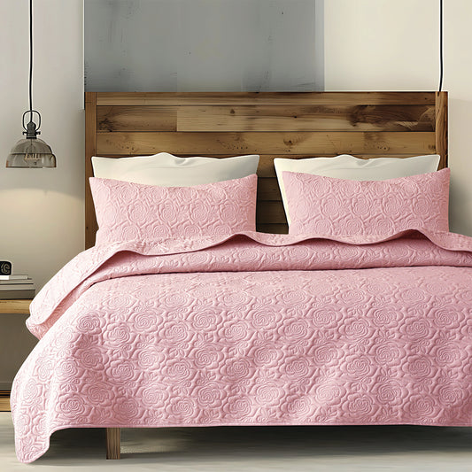 Ultrasonic Quilted Microfiber Bedspread Set - Pink